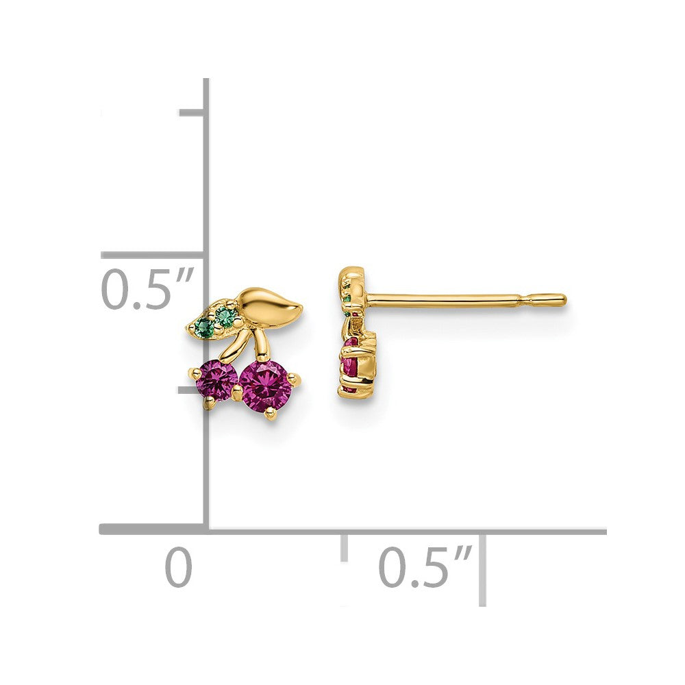 14K Yellow Gold Madi K Red Cz & Green Glass Cherry Post Earrings