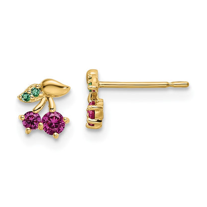 14K Yellow Gold Madi K Red Cz & Green Glass Cherry Post Earrings