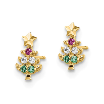 14K Yellow Gold Madi K Red & Clear Cz Green Glass Christmas Tree Post Earrings