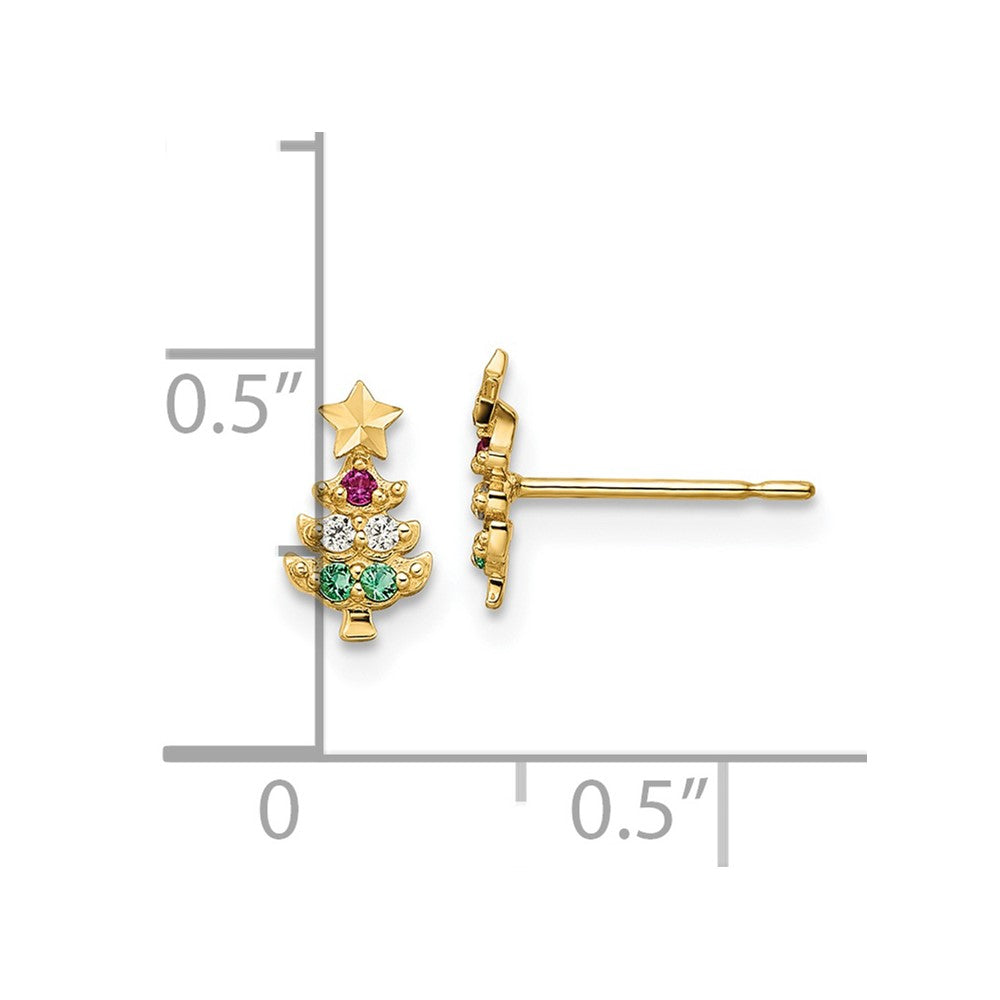 14K Yellow Gold Madi K Red & Clear Cz Green Glass Christmas Tree Post Earrings
