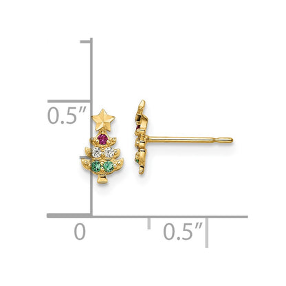 14K Yellow Gold Madi K Red & Clear Cz Green Glass Christmas Tree Post Earrings
