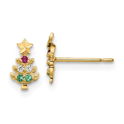 14K Yellow Gold Madi K Red & Clear Cz Green Glass Christmas Tree Post Earrings