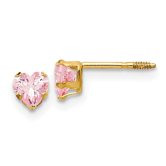 14K Yellow Gold Madi K 4mm Pink Cz Heart Earrings