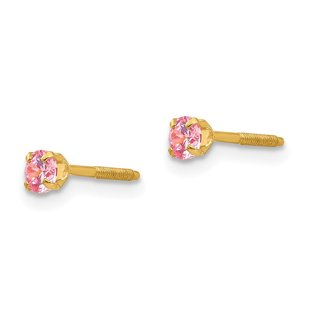 14K Yellow Gold Madi K 3mm Imitation Pink Tourmaline Birthstone Earrings (Oct)
