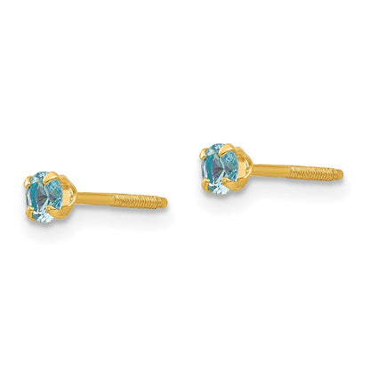 14K Yellow Gold Madi K 3mm Imitation Blue Zircon Birthstone Earrings (Dec)