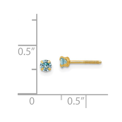 14K Yellow Gold Madi K 3mm Imitation Blue Zircon Birthstone Earrings (Dec)