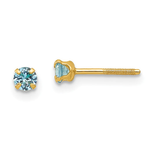 14K Yellow Gold Madi K 3mm Imitation Blue Zircon Birthstone Earrings (Dec)