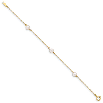 14K Yellow Gold Madi K 5 6mm White Near Round Freshwater Cultured Pearl 3 Station 6 Inch Bracelet