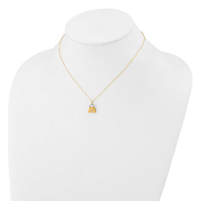 14K Yellow & Rhodium W/ White Children'S Polished Textured Purse Necklace