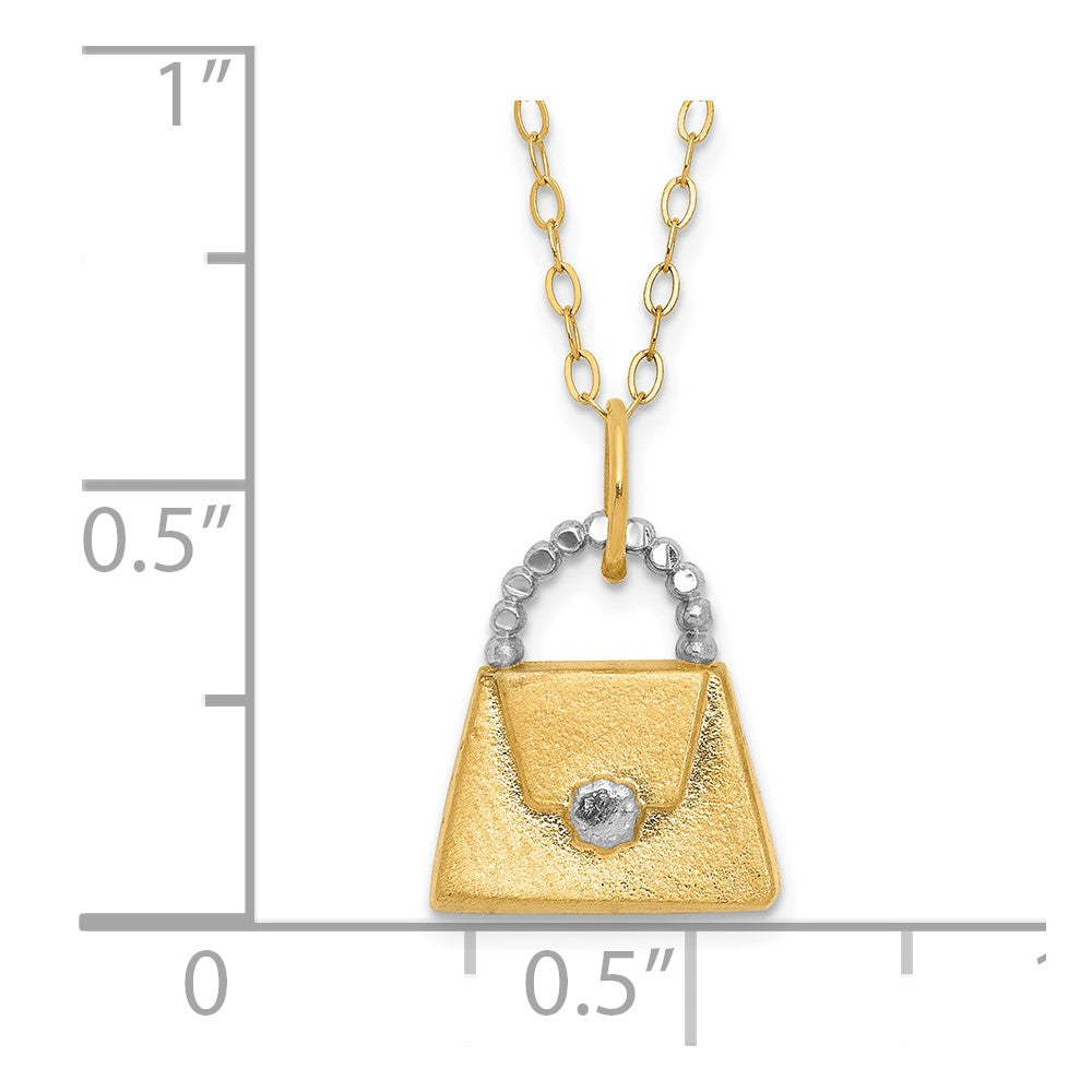 14K Yellow & Rhodium W/ White Children'S Polished Textured Purse Necklace