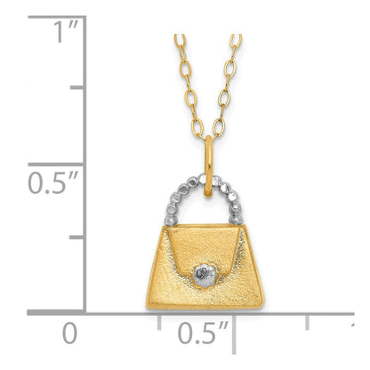 14K Yellow & Rhodium W/ White Children'S Polished Textured Purse Necklace