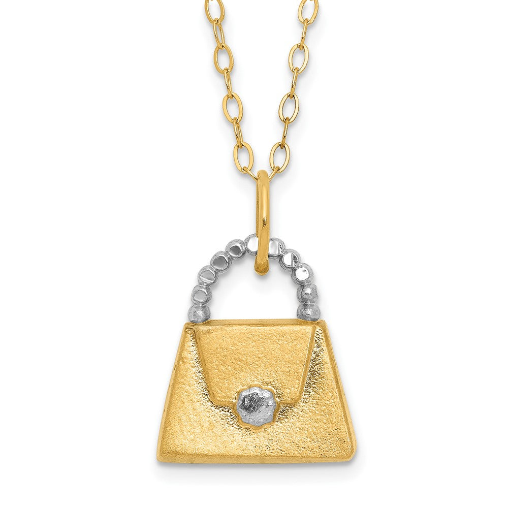 14K Yellow & Rhodium W/ White Children'S Polished Textured Purse Necklace