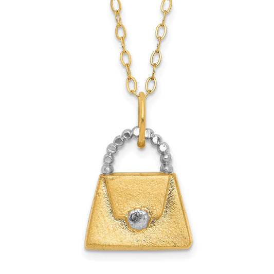 14K Yellow & Rhodium W/ White Children'S Polished Textured Purse Necklace