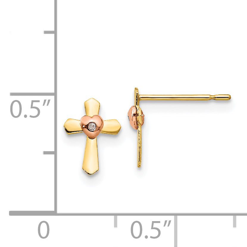 14K Two Tone Yellow & Rose Gold Madi K Children'S Cross Heart Post Earrings