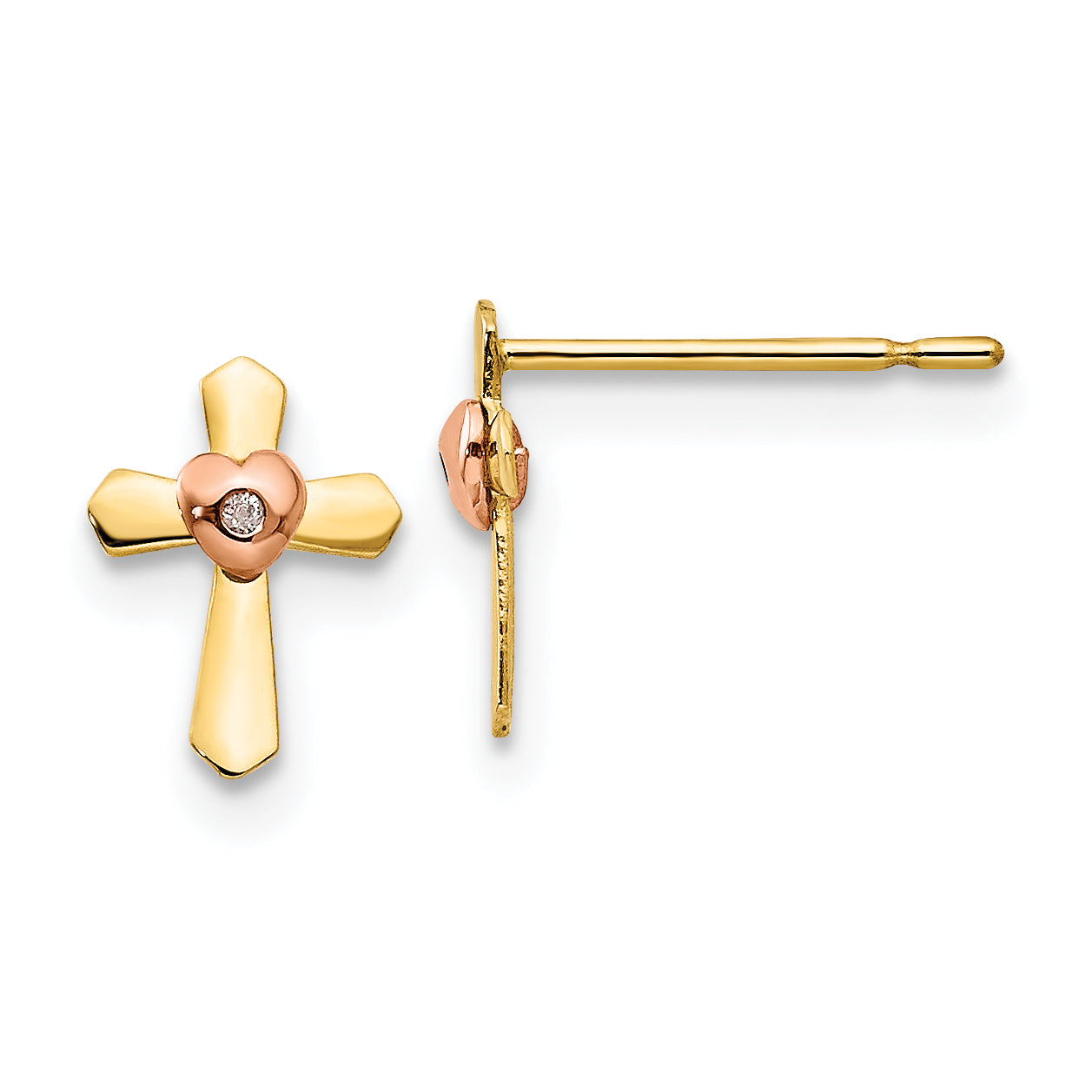 14K Two Tone Yellow & Rose Gold Madi K Children'S Cross Heart Post Earrings