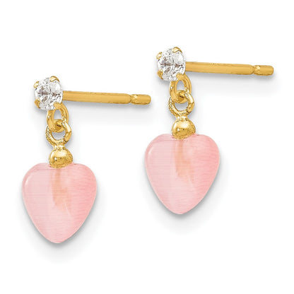 14K Yellow Gold Madi K Cz And Pink Cat'S Eye Heart Dangle Post Earrings