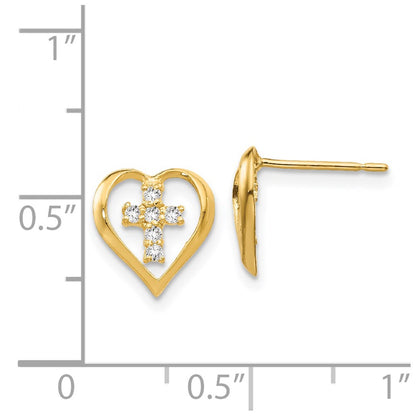 14K Yellow Gold Madi K Cz Children'S Heart Cross Post Earrings