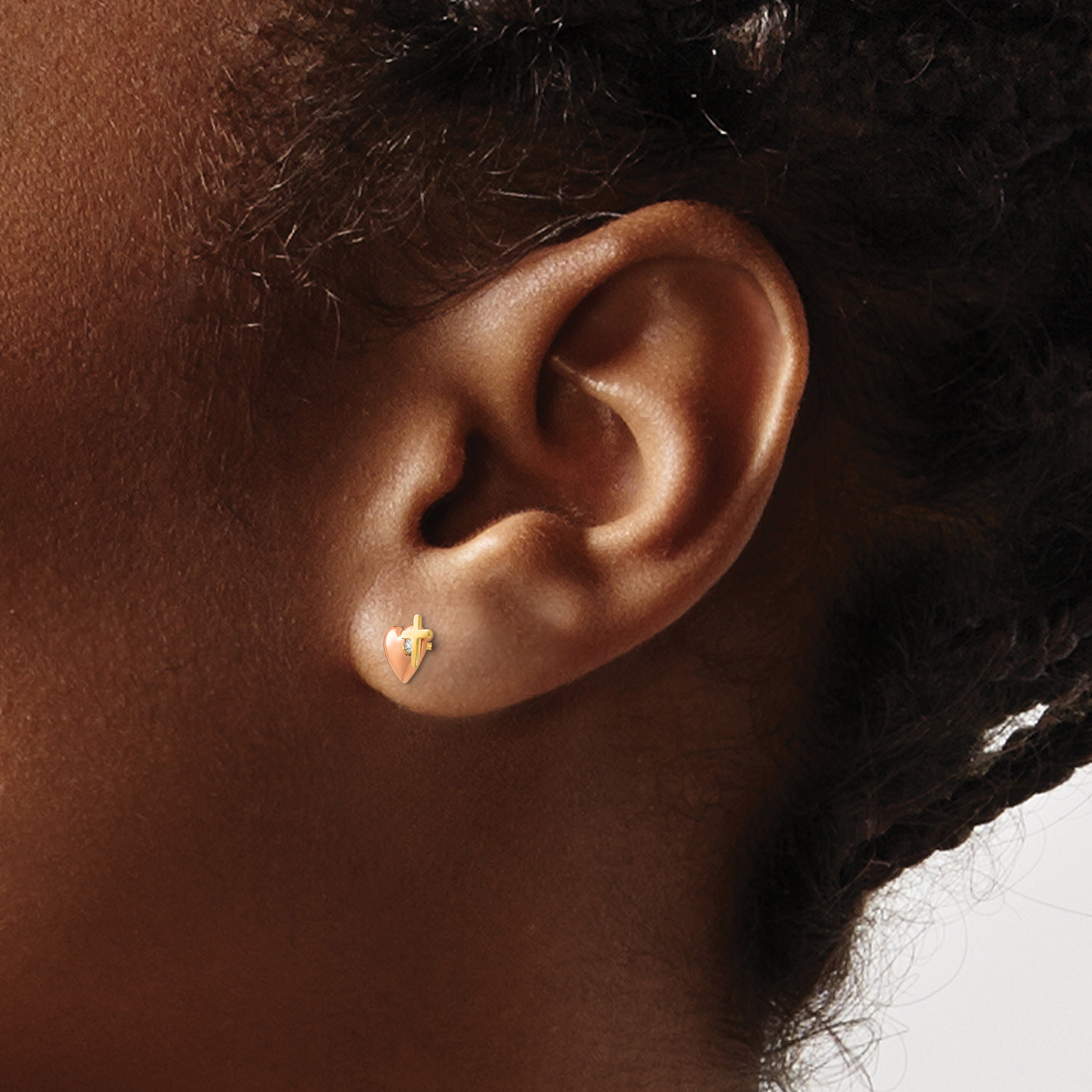 14K Two Tone Yellow & Rose Gold Madi K Cz Heart And Cross Post Earrings