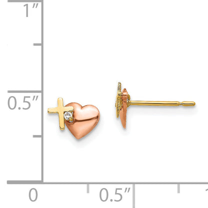 14K Two Tone Yellow & Rose Gold Madi K Cz Heart And Cross Post Earrings