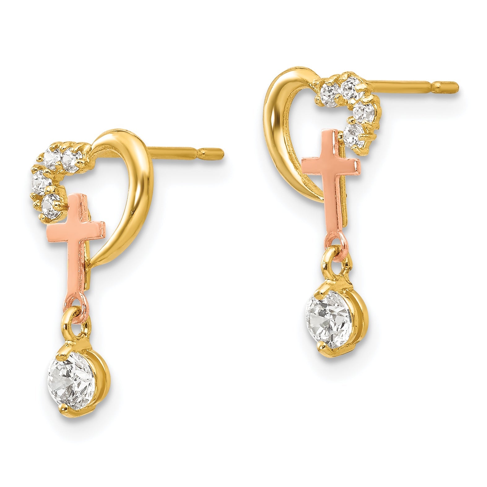14K Two Tone Madi K Cz Children'S Cross & Heart Post Earrings