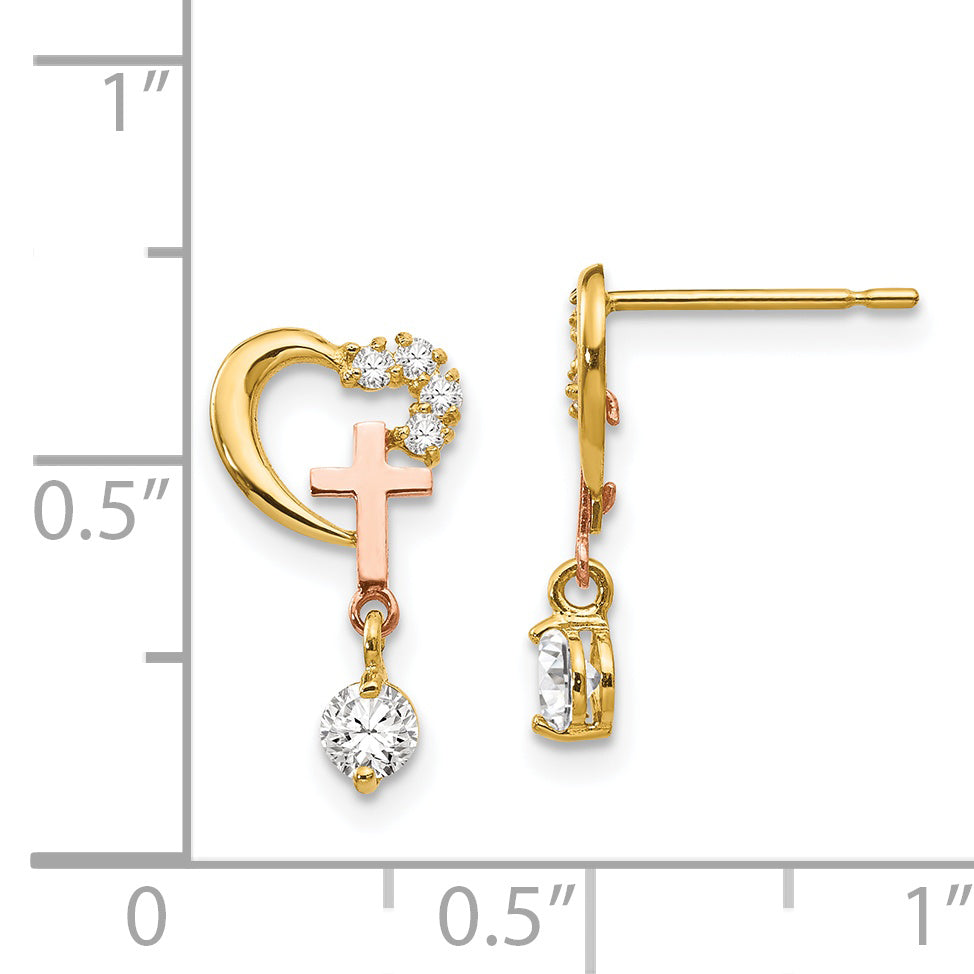 14K Two Tone Madi K Cz Children'S Cross & Heart Post Earrings