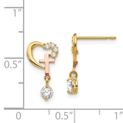 14K Two Tone Madi K Cz Children'S Cross & Heart Post Earrings