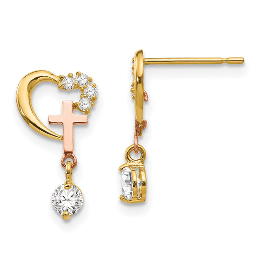 14K Two Tone Madi K Cz Children'S Cross & Heart Post Earrings