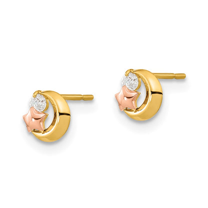 14K Two Tone Yellow & Rose Gold Madi K Cz Moon And Star Post Earrings