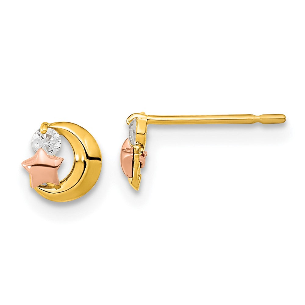 14K Two Tone Yellow & Rose Gold Madi K Cz Moon And Star Post Earrings