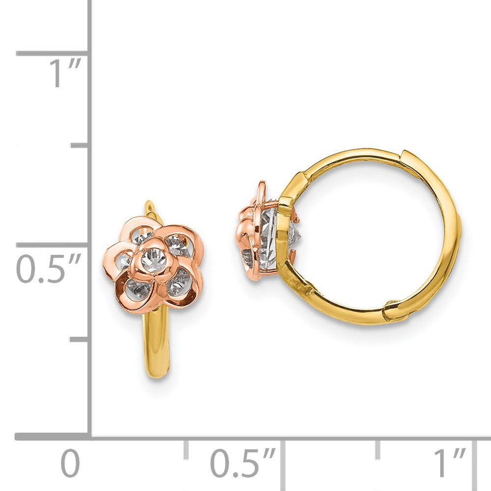 14K Two Tone Yellow & Rose Gold Madi K Cz Flower Hinged Hoop Earrings