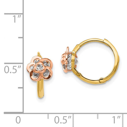 14K Two Tone Yellow & Rose Gold Madi K Cz Flower Hinged Hoop Earrings