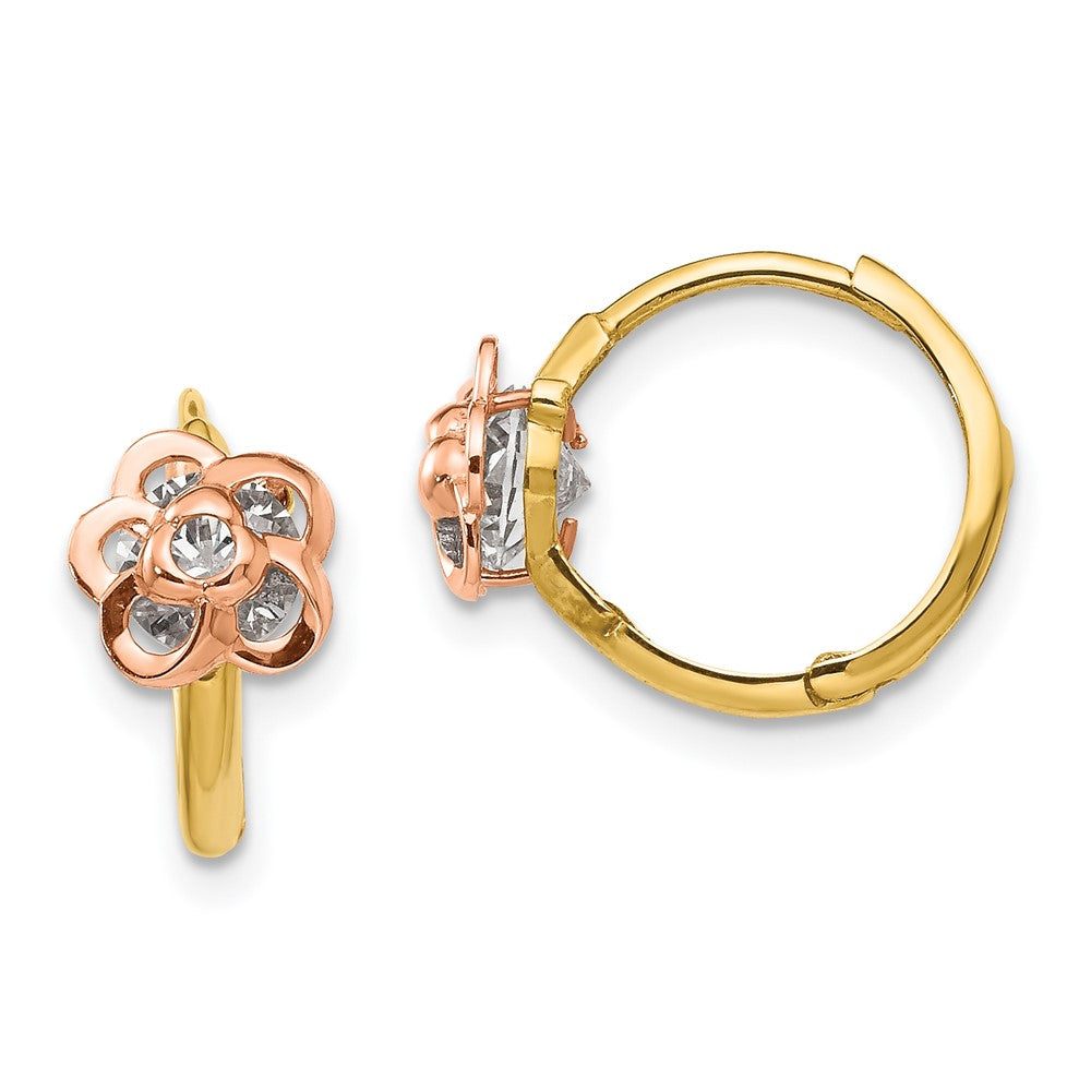 14K Two Tone Yellow & Rose Gold Madi K Cz Flower Hinged Hoop Earrings
