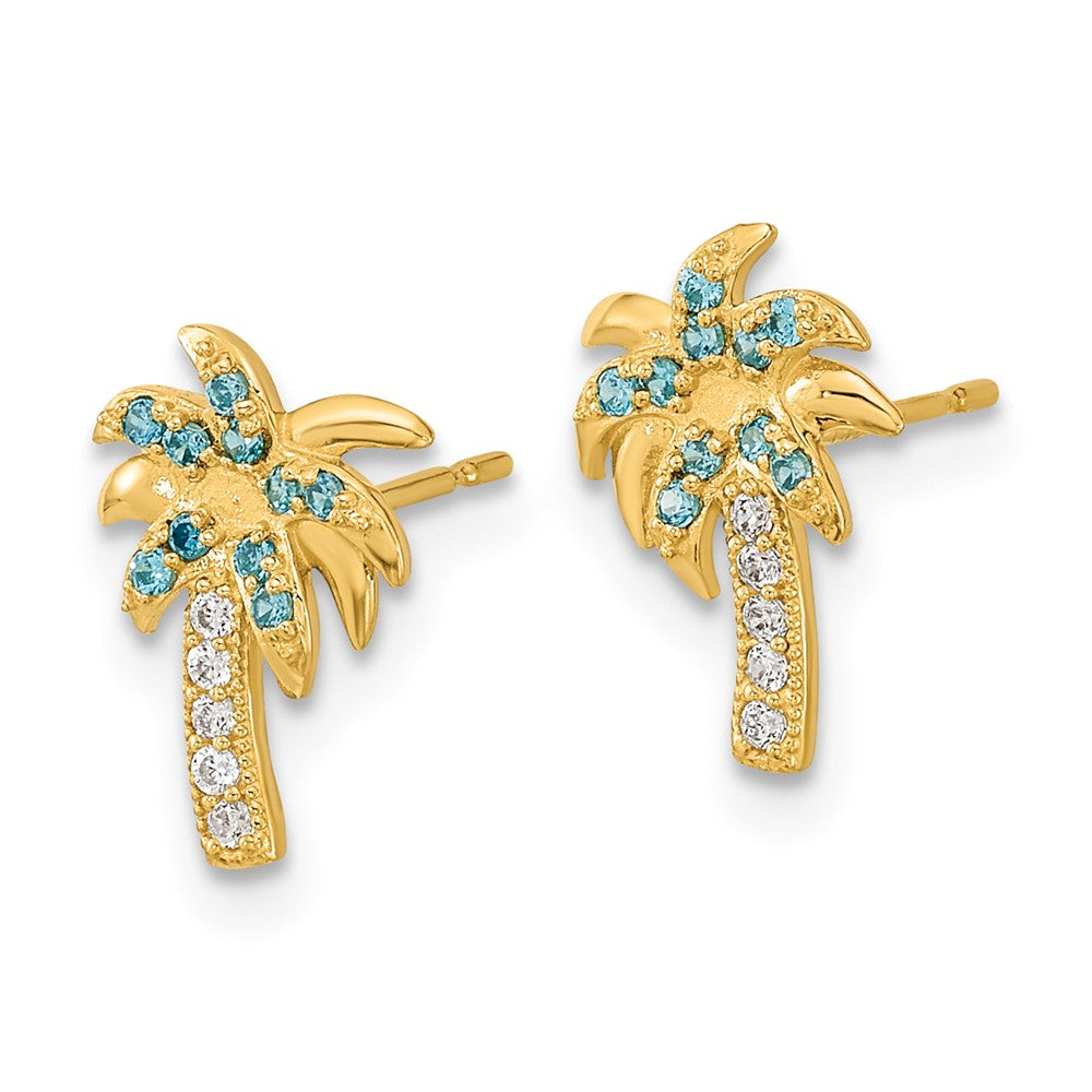 14K Yellow Gold Madi K Blue & Clear Cz Palm Tree Post Earrings