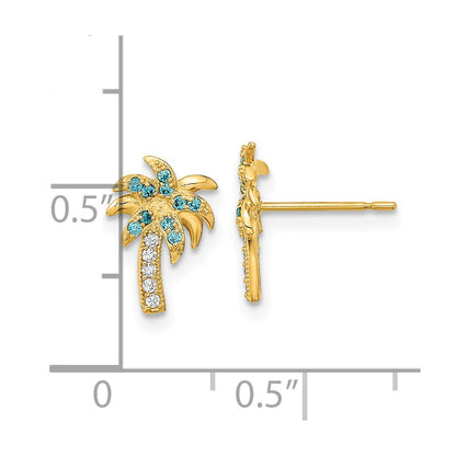 14K Yellow Gold Madi K Blue & Clear Cz Palm Tree Post Earrings