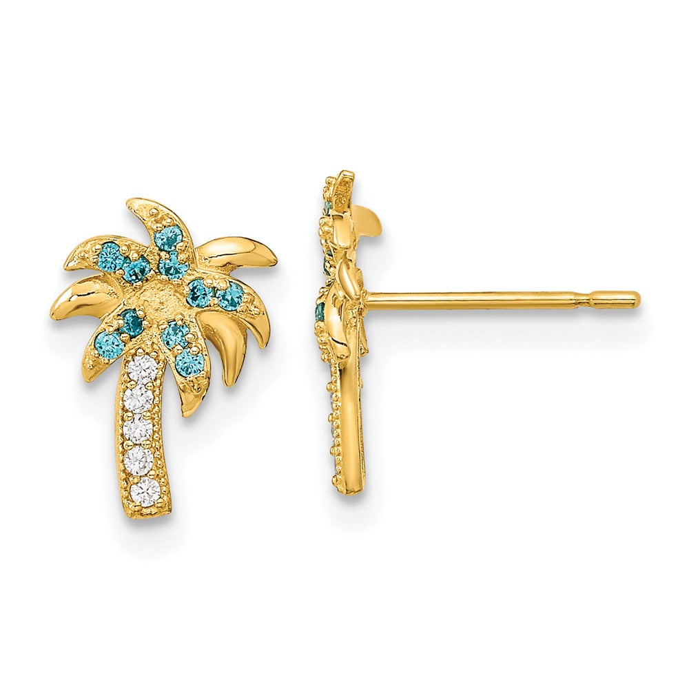 14K Yellow Gold Madi K Blue & Clear Cz Palm Tree Post Earrings