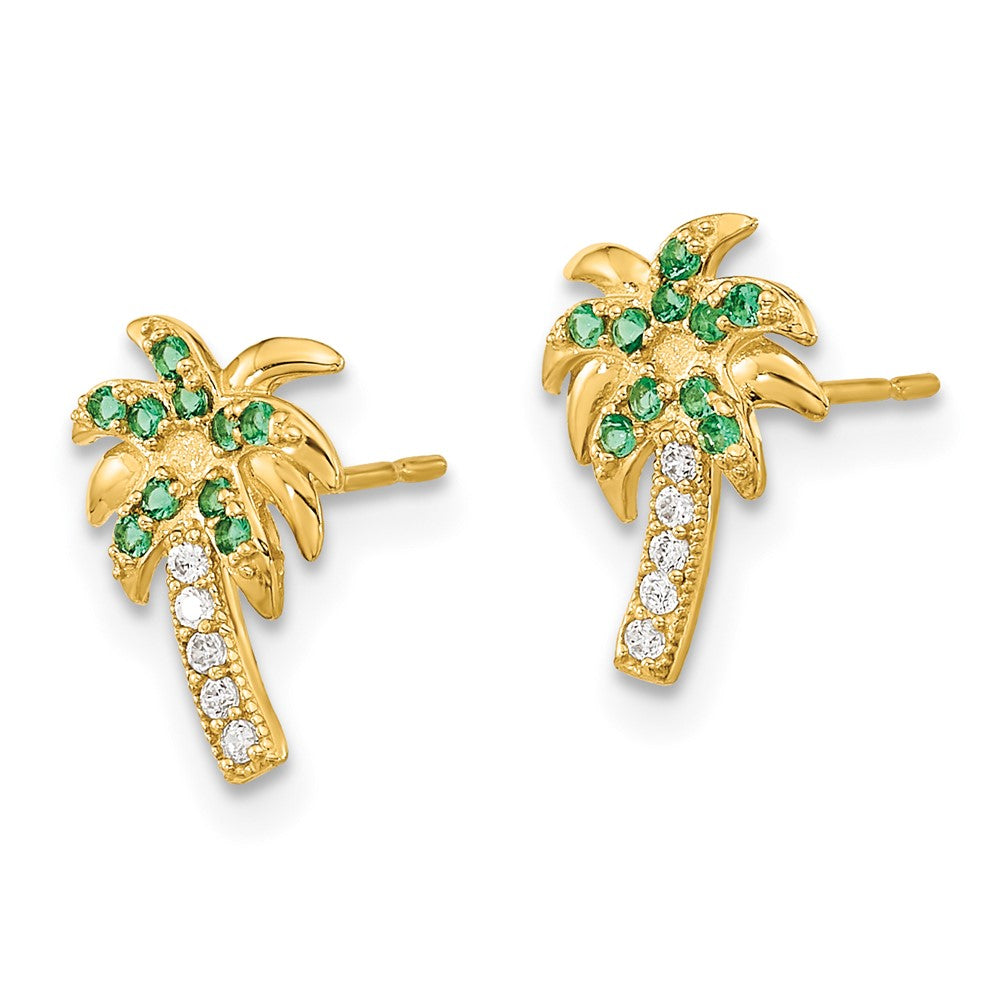 14K Yellow Gold Madi K Green & Clear Cz Palm Tree Post Earrings