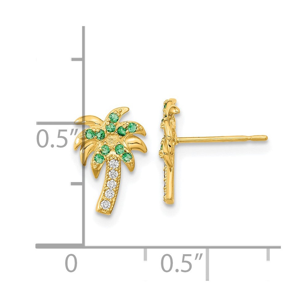 14K Yellow Gold Madi K Green & Clear Cz Palm Tree Post Earrings