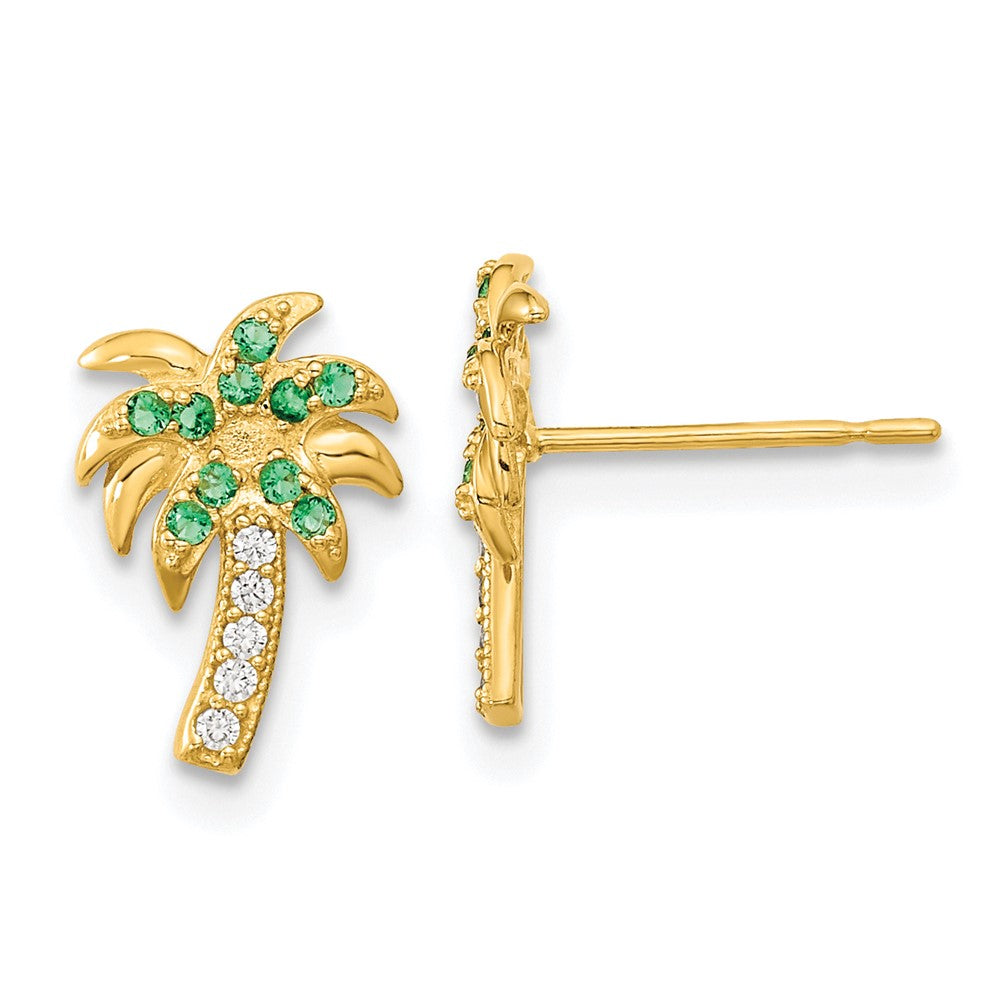 14K Yellow Gold Madi K Green & Clear Cz Palm Tree Post Earrings