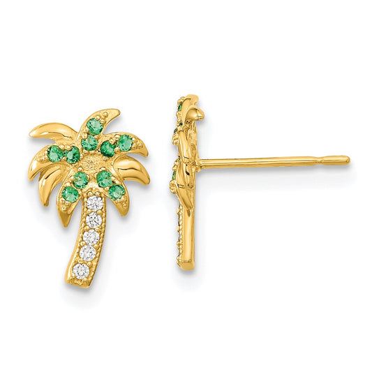 14K Yellow Gold Madi K Green & Clear Cz Palm Tree Post Earrings