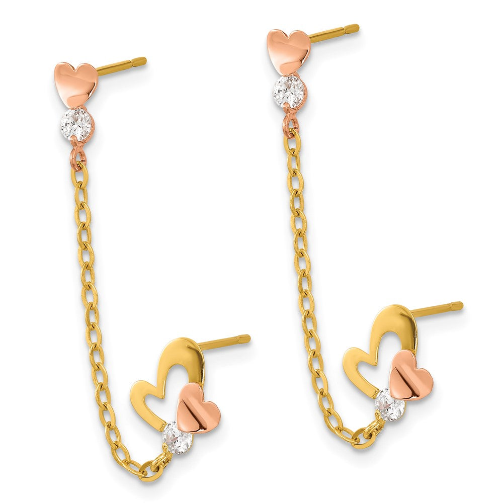 14K Two Tone Madi K Cz Double Post Chain Heart Earring