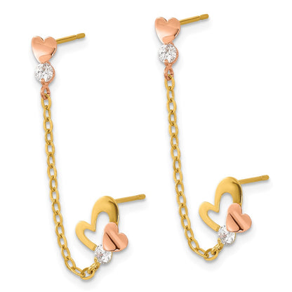 14K Two Tone Madi K Cz Double Post Chain Heart Earring