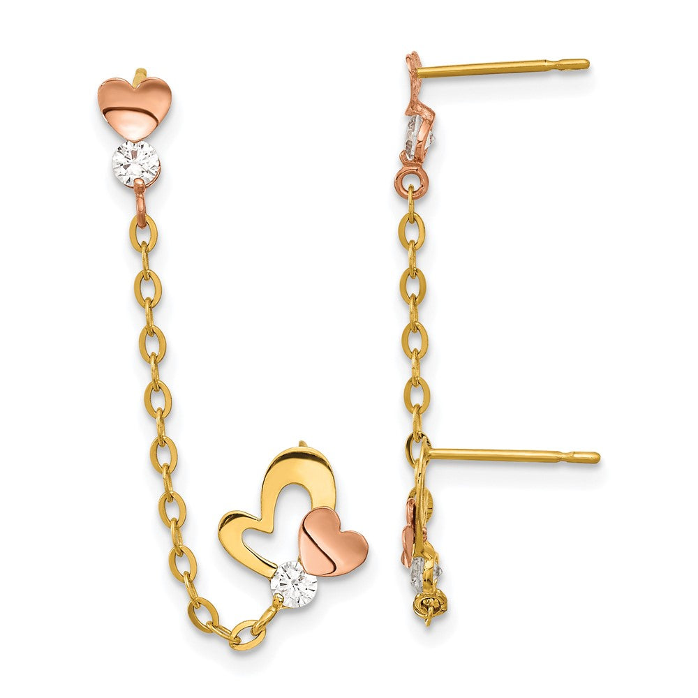 14K Two Tone Madi K Cz Double Post Chain Heart Earring