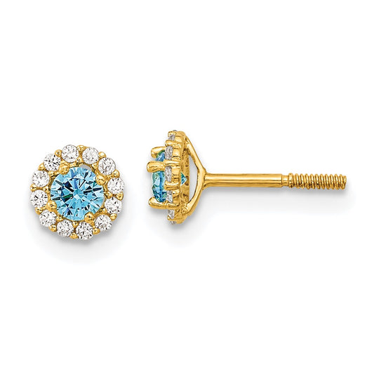 14K Yellow Gold Madi K Polished Blue And Clear Cz Post Earrings