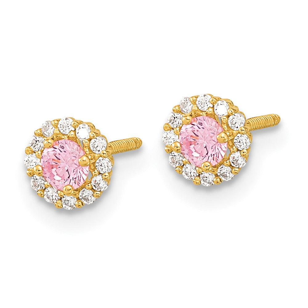 14K Yellow Gold Madi K Polished Pink And Clear Cz Screwback Post Earrings