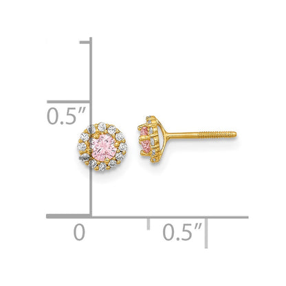 14K Yellow Gold Madi K Polished Pink And Clear Cz Screwback Post Earrings