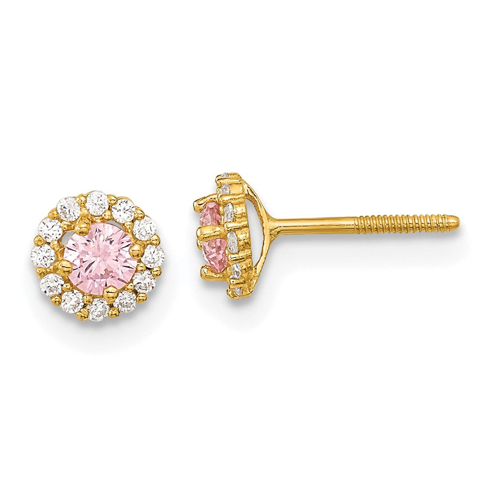 14K Yellow Gold Madi K Polished Pink And Clear Cz Screwback Post Earrings