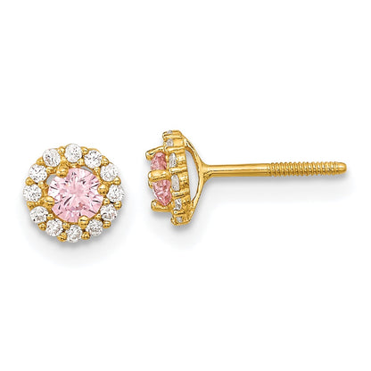 14K Yellow Gold Madi K Polished Pink And Clear Cz Screwback Post Earrings