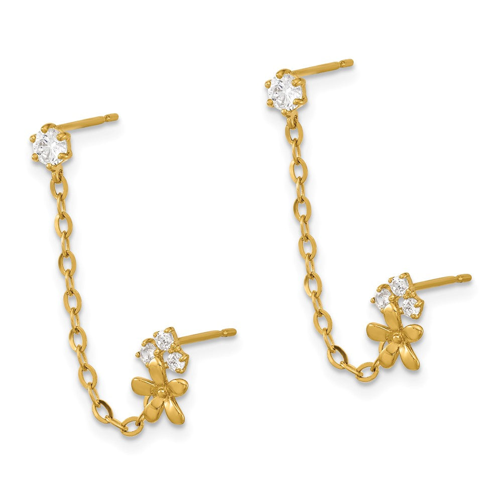 14K Yellow Gold Madi K Cz Double Post Chain Flower Earring