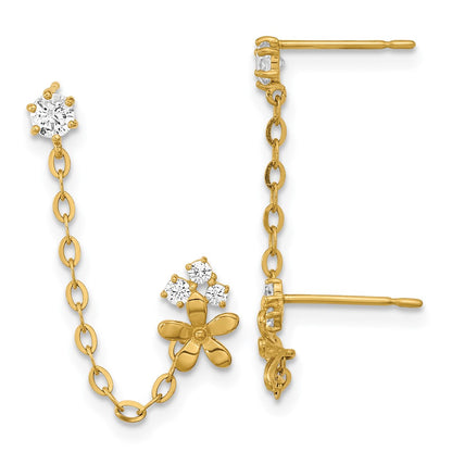 14K Yellow Gold Madi K Cz Double Post Chain Flower Earring