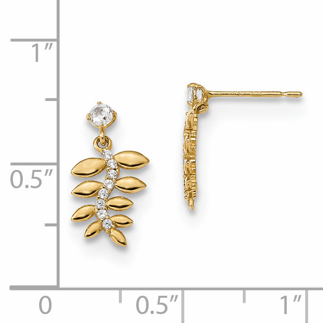 14K Yellow Gold Madi K Kids Cz Fern Leaves Dangle Post Earrings